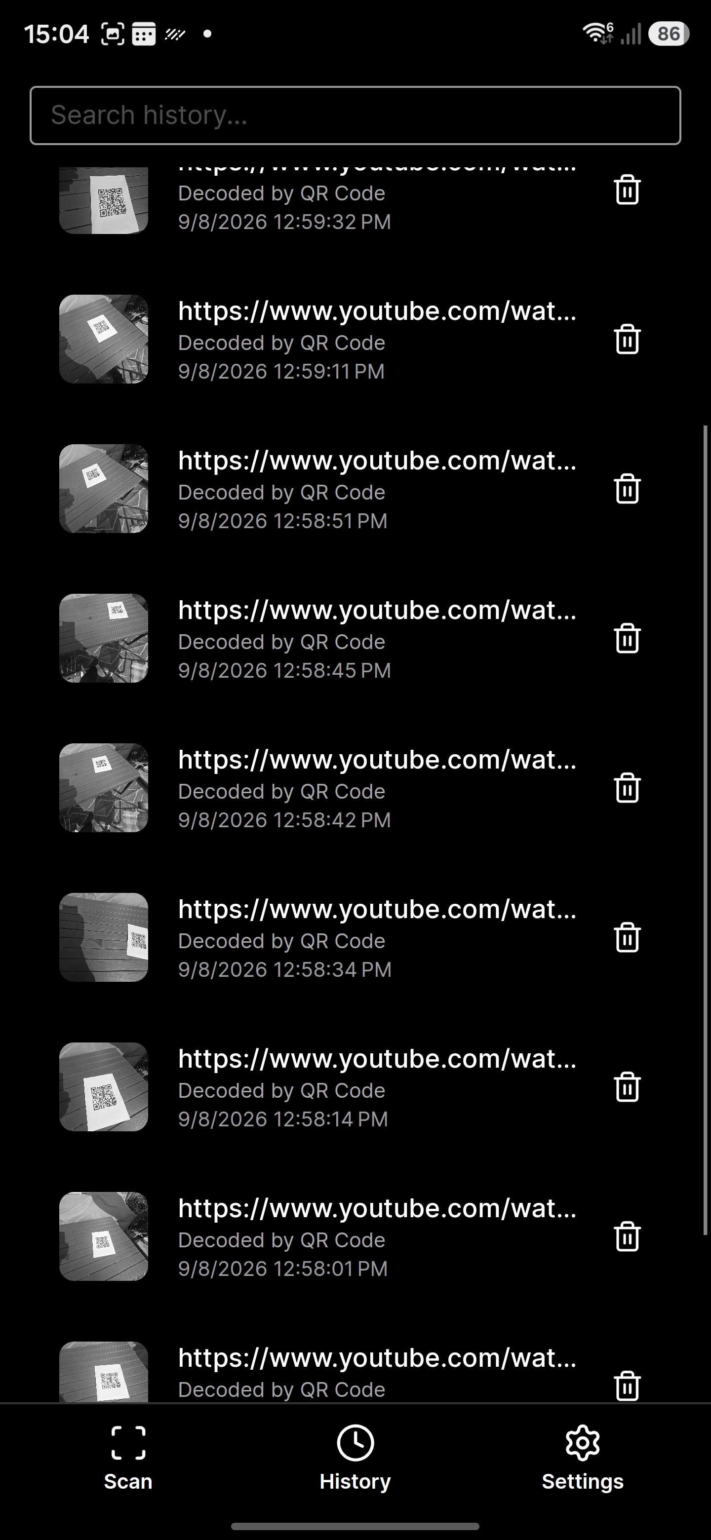 ScannerZero history screen listing previous QR code scans.