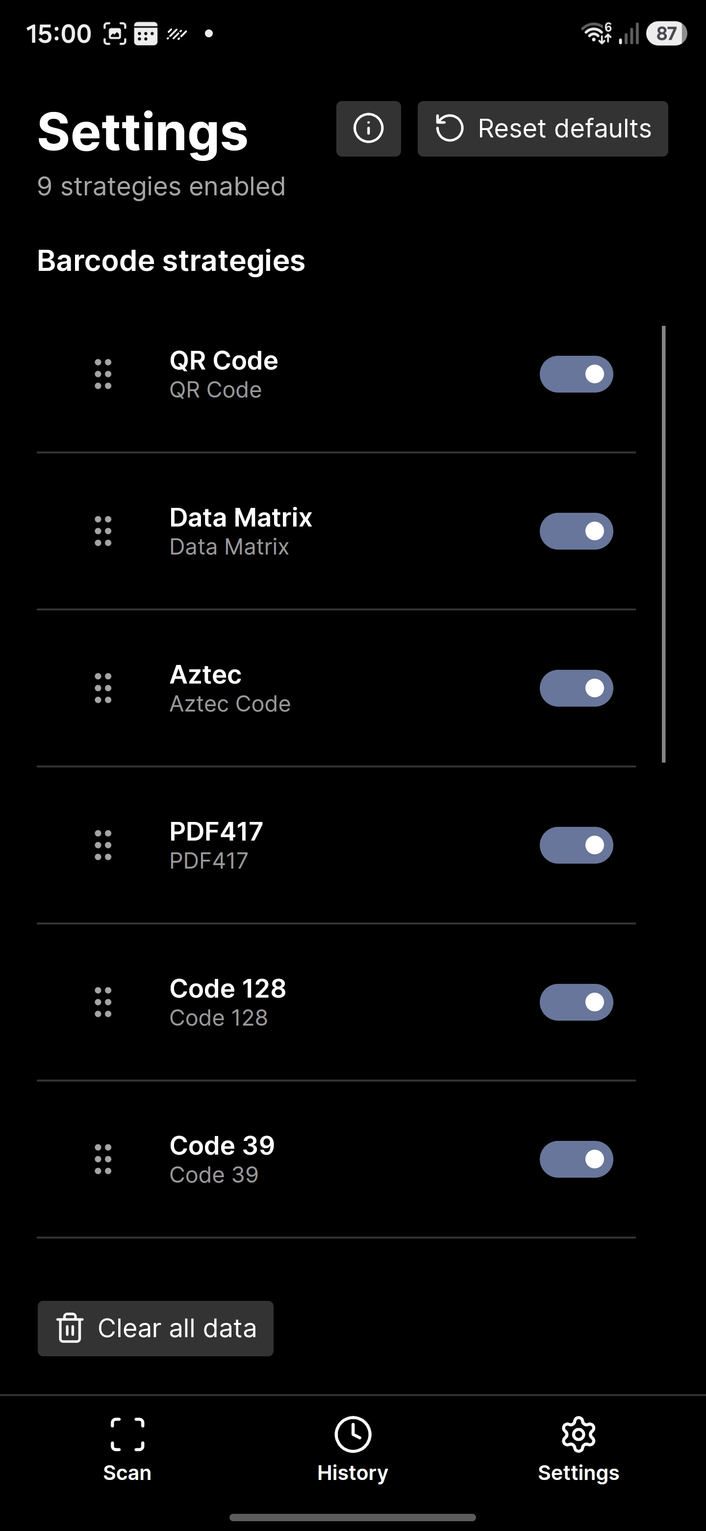 ScannerZero settings screen with barcode strategy toggles and ordering controls.