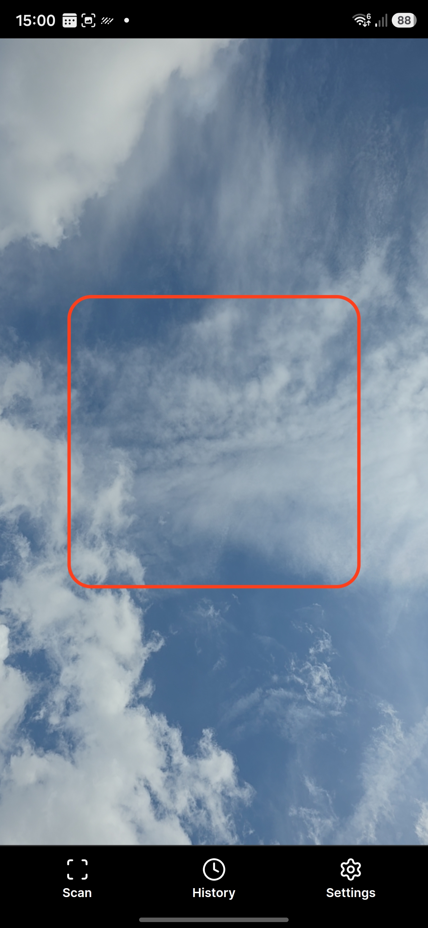 ScannerZero scan screen with the orange-red viewfinder over an open sky.